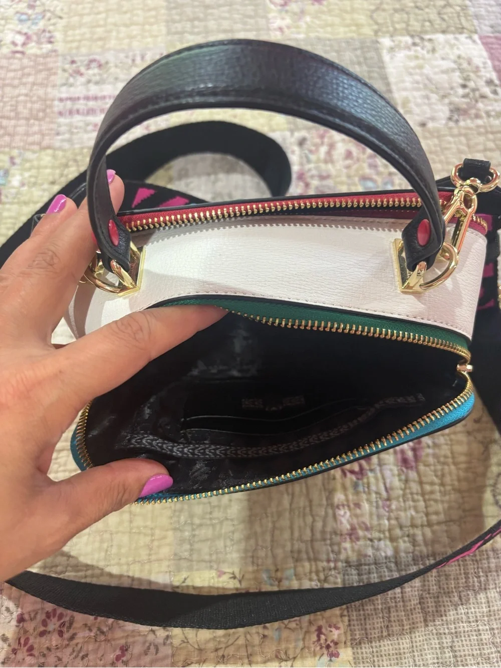 White Multicolor Studded Crossbody Bag with Top Handle